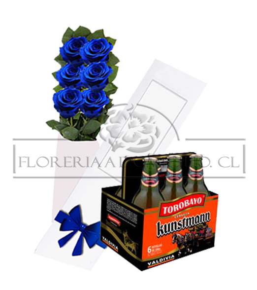 Caja 06 Rosas Azules y Six Pack Cerveza Kunstmann.